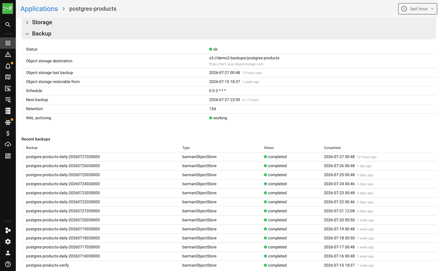 Coroot's Postgres backup view: recent backups, schedule, retention, the recovery window, and WAL archiving status in one place