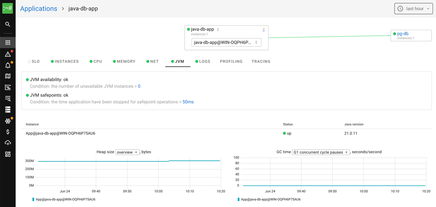 JVM metrics for a Java service on a Windows node