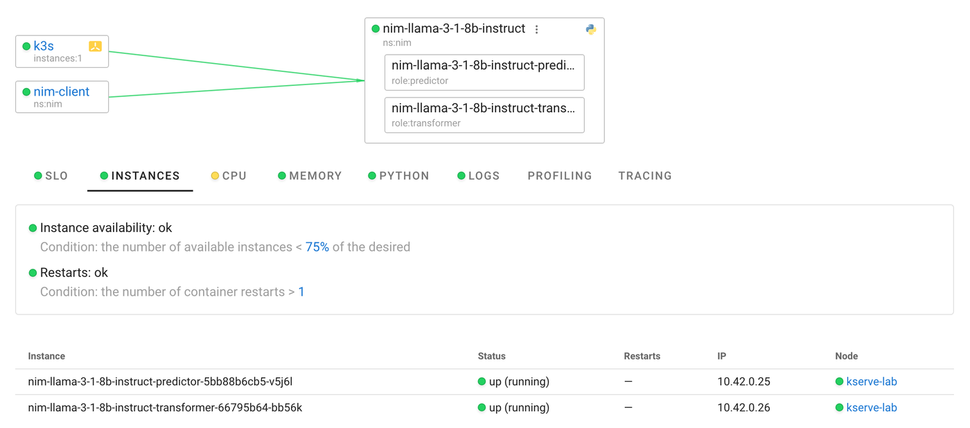 A KServe InferenceService as a single application with predictor and transformer instances