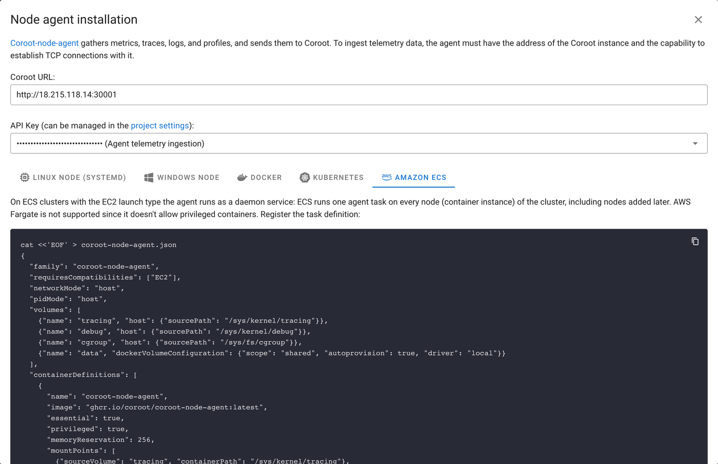 The agent installation page in Coroot with the new Amazon ECS tab