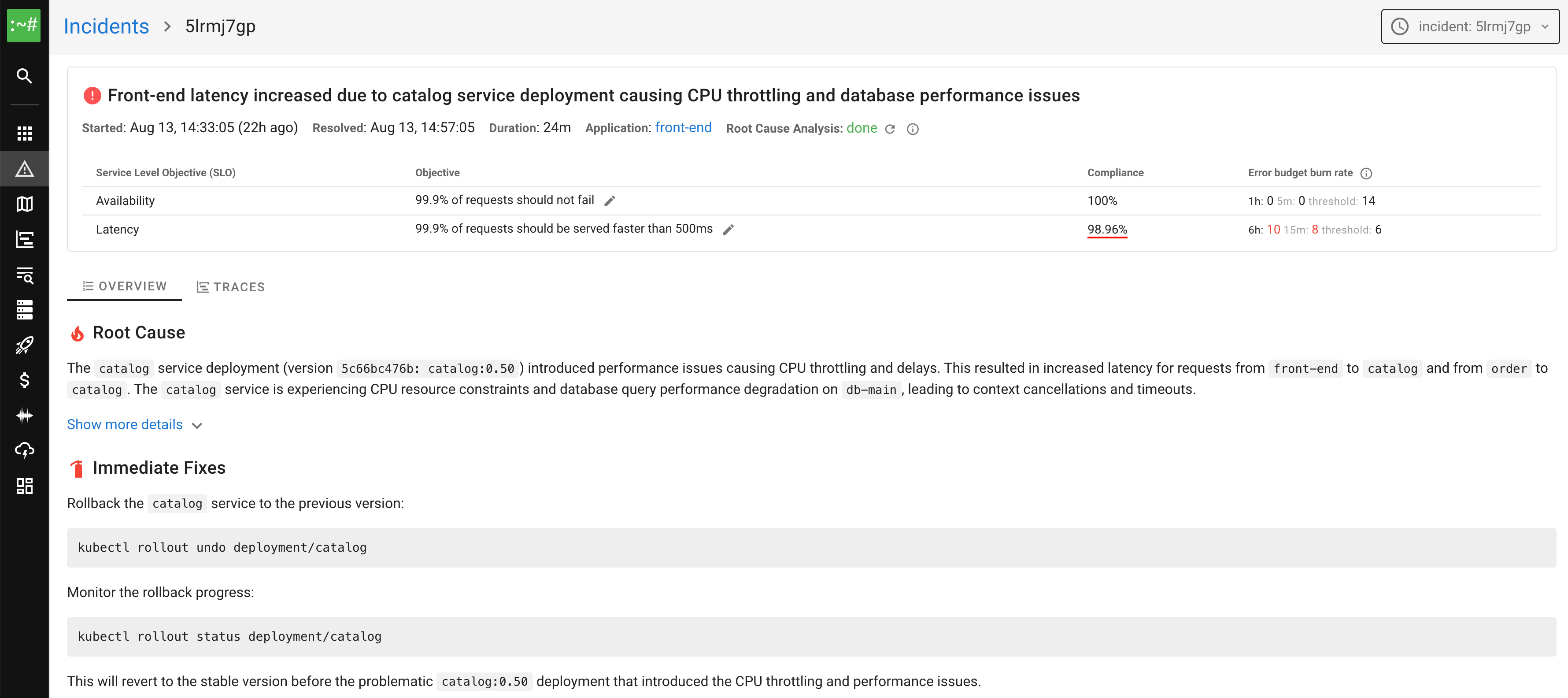 Coroot AI-powered Root Cause Analysis showing automated problem detection and remediation suggestions