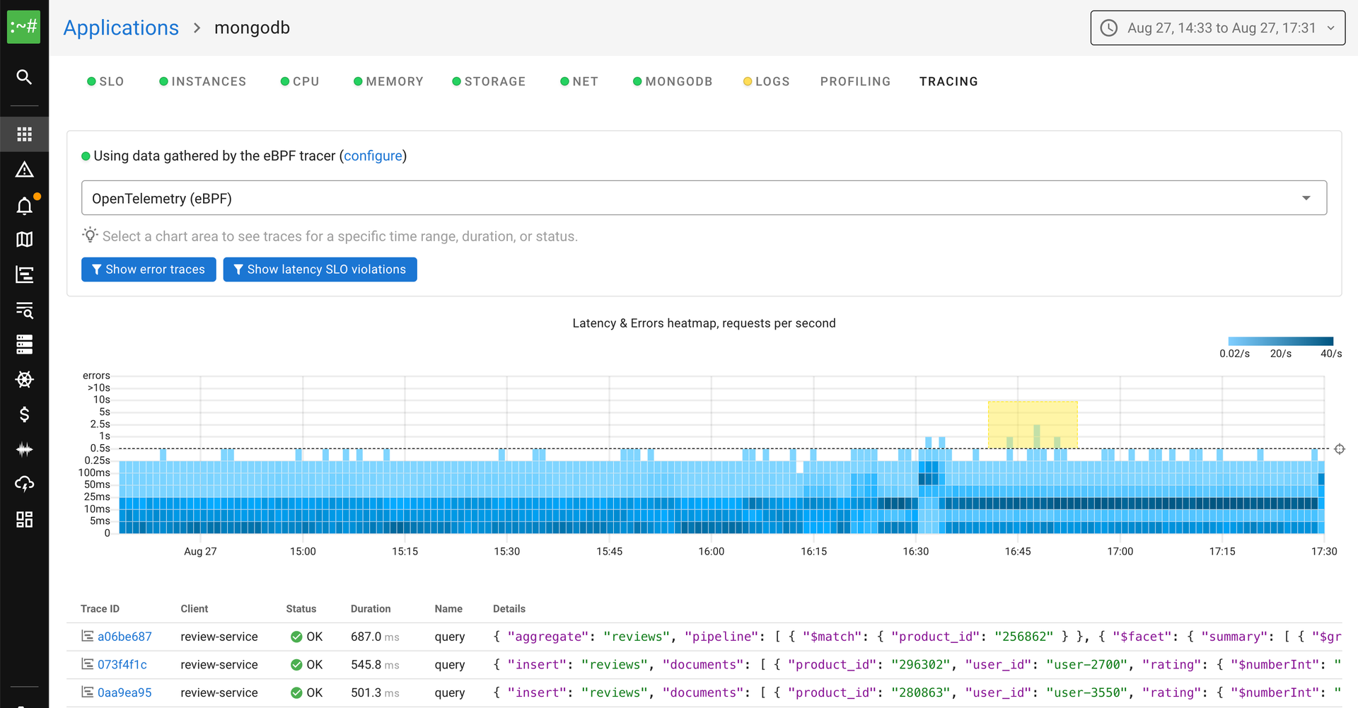 Coroot MongoDB query tracing showing a latency heatmap and individual operation traces