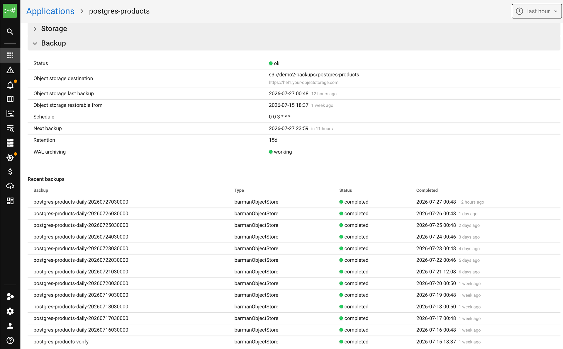Coroot PostgreSQL backup monitoring showing recent backups, schedule, retention, and failure reasons